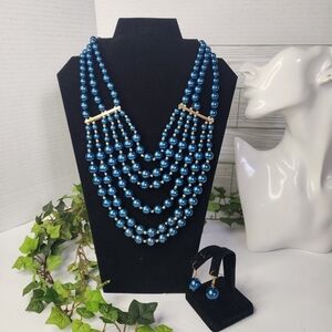 Blue Multi Strand Faux Pearl Necklace and Earrings Set